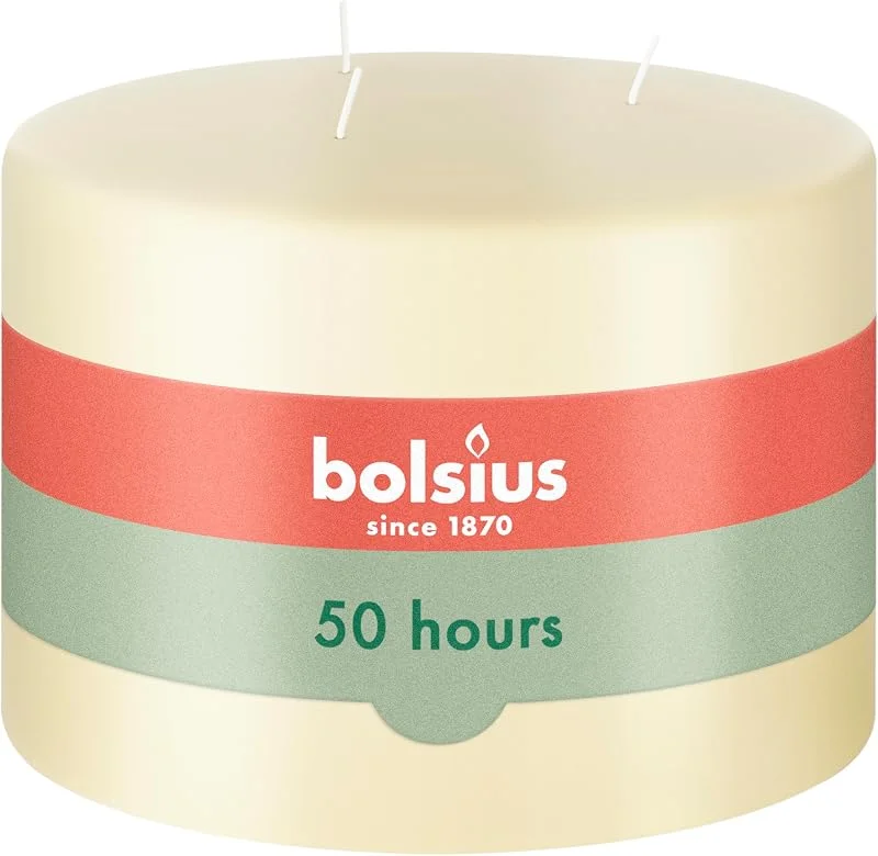Besuche den bolsius-Store Bolsius 3-Docht-Stumpenkerze XXL – Elfenbein – Mehrdocht – Lange Brenndauer von 50 Stunden – Extra Groß – Haushaltskerze – Innendekoration – Duftfrei – Natürliches veganes Wachs – 10 x 15 cm – 1, 41 kg — Advent und Tisch