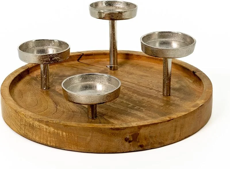 Besuche den DARO DEKO-Store Mango-Holz und Metall Kerzenhalter rund Silber Ø 30cm für Vier große Stumpen-Kerzen Tisch-Deko Advent-Kerzenständer — Kerzenlicht Abendessen