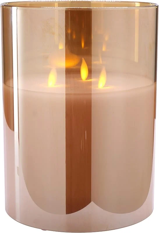 Marke: Klocke Dekorationsbedarf Hochwertige & Edle LED Kerze im Glas Windlicht mit Timer & Fernbedienung Dreidochtkerze, Mehrdochtkerze Realistisch Flackernd Neuheit 2020 Weihnachten (Amber, Höhe: 20cm - Ø 15cm) — Kerzenlicht Abendessen