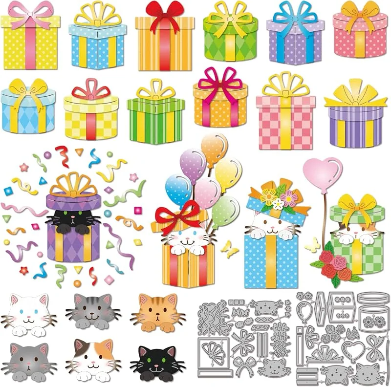 Besuche den GLOBLELAND-Store GLOBLELAND Katze Geschenkbox Ballon Schleife Metall‑Stanzformen Weihnachten Stanzschablone für Kartenbasteln Scrapbooking Journaling DIY — Geschenkverpackung