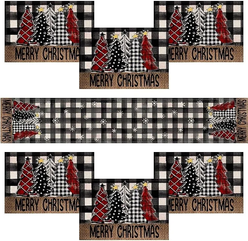 Marke: Danlai Weihnachtliches Platzset, 6 Platzsets Und 1 Tischläufer, Kariertes Weihnachtsbaummuster, Landhausstil — Küche & Haushalt