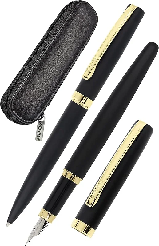Besuche den Online-Store ONLINE Schreib-Set Eleganza, Farbe Schwarz & Gold enthält Kugelschreiber, Füllhalter, Echt-Lederetui, 3-teilig, in hochwertiger Geschenkbox, Füller für Standardpatronen, Kulli mit Großraummine G2 — Geschenkverpackung