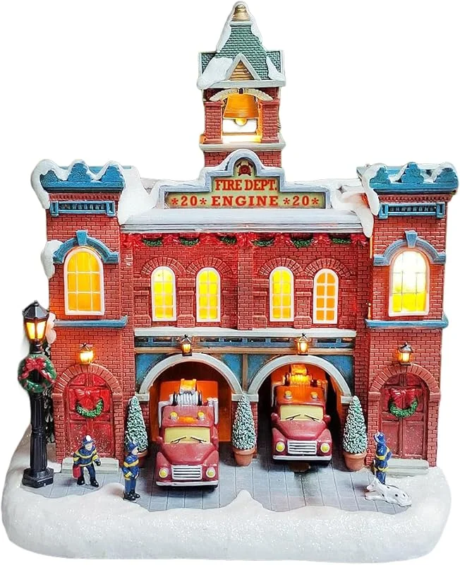 Marke: MOMENTS IN TIME MOMENTS IN TIME Vintage Feuerwehr, Weihnachtsdorf, 31 cm, LED-Lichter, Musik und bewegliche Feuerwehrautos, Polyresin, beleuchtetes Urlaubsgebäude, Adapterbetriebene Urlaubsdekoration — Weihnachtsdeko