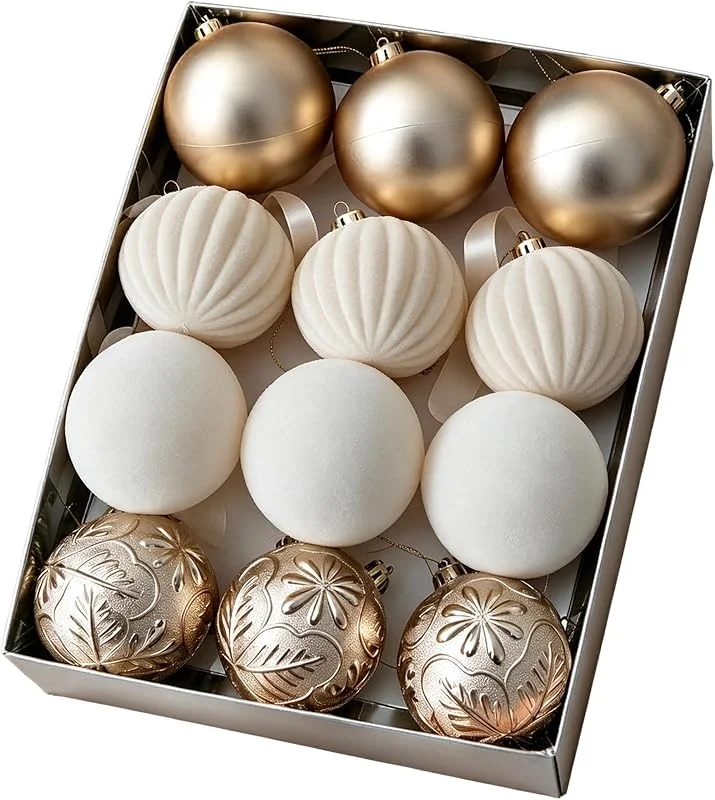 Marke: Comebachome 12er-Pack Weihnachtsbaumschmuck-Set, galvanisierte Beflockung, bruchsichere Weihnachtsornamente, Samt, Retro-Weihnachtsdekoration, 6, 9 cm, Beige