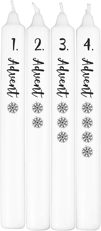 Besuche den Herz & Heim-Store Herz & Heim® Adventskerzen im 4er Set – Stabkerzen mit Aufdruck zum Advent – Weihnachtskerzen für Adventskranz (Schneeflocken) — Kerzenlicht Abendessen