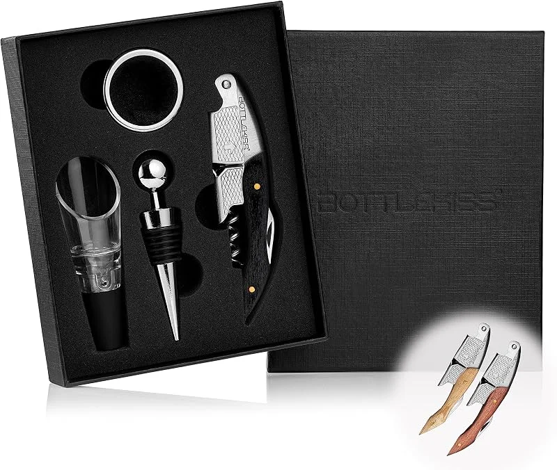 Besuche den BOTTLEKISS-Store Korkenzieher Set 4-teilig – Weinöffner Set mit Edelstahl Korkenzieher, Abtropfring, Ausgießer & Flaschenverschluss – Wein Geschenkset für Sommelier & Weinliebhaber (Ebenholz) — Wein und Festtafel