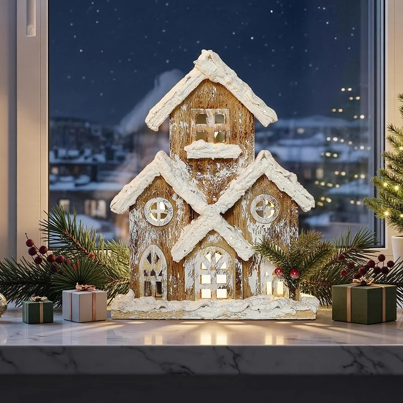 Besuche den Hometopia-Store Hometopia Weihnachtshaus Beleuchtet aus Holz 27 cm mit 5 LEDs — Weihnachtsdeko