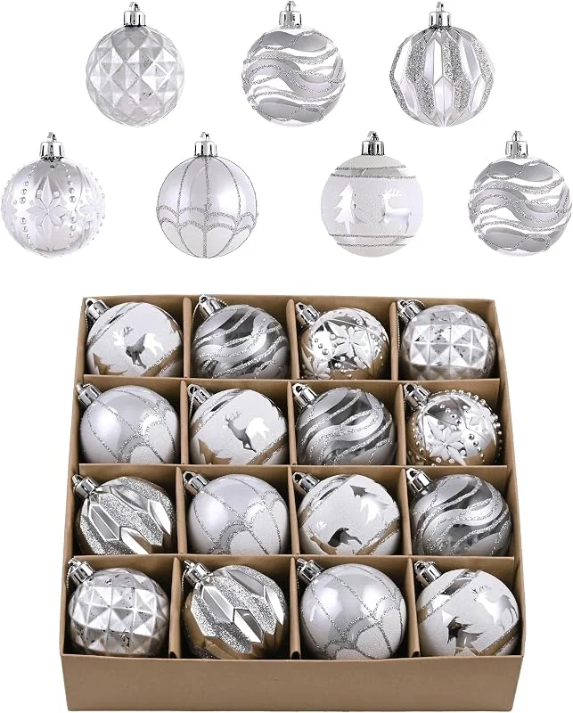 Besuche den Valery Madelyn-Store Valery Madelyn Weihnachtsbaumschmuck-Set für Valentinstag, 16 Karat weiß und silber, bruchsichere Weihnachtskugel-Ornamente, 5, 9 cm, elegante hängende Ornamente für Weihnachten, Urlaub — Weihnachtsdeko