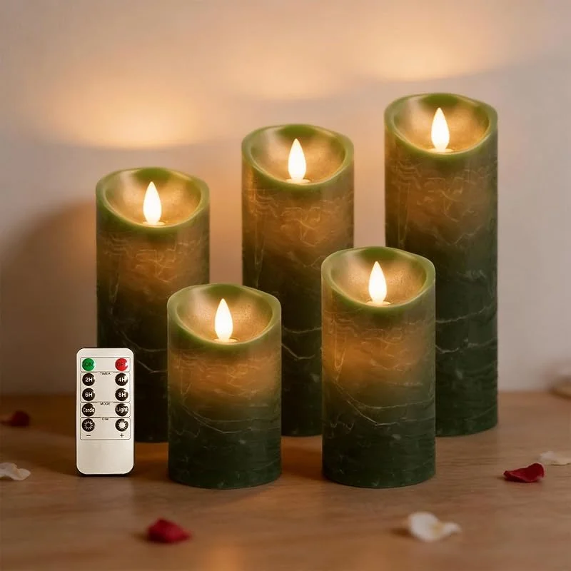 Marke: RosMank 5er Set LED-Kerzen, mit 10-Tasten-Fernbedienung, Flammenlos, aus Echtem Wachs, mit Flackernder Flamme, Dekoration für Weihnachten, Geburtstag, Hochzeit und Party, Grün — Kerzenlicht Abendessen