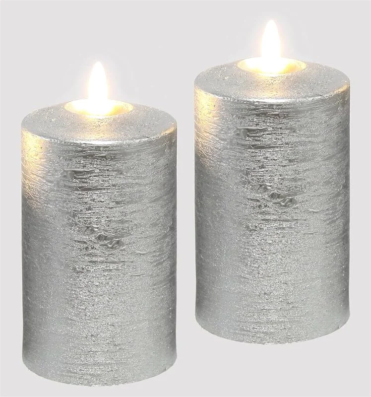 Besuche den Flair Flower-Store LED Kerzen Echtwachs 2er Set elektrische Kerze LED-Kerze Warmweiß Stimmungslicht Lichter Dekoration Stumpenkerze große Adventskerzen Adventskranz Kranz Valentinstag, 12, 5x7, 5 cm, silber — Advent und Tisch