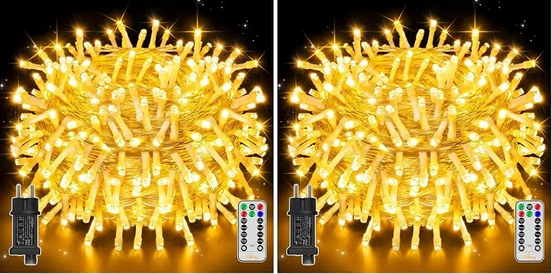 Besuche den Ollny-Store Ollny Lichterkette außen 20m, 60m, 100m, Lichterkette Strom innen mit Fernbedienung und Timer, 8 Modi IP44 wasserdicht mit Stecker Garten Balkon Hochzeit Party (Warmweiß 20m 200LEDs) (Packung mit 2) — Weihnachtsbeleuchtung