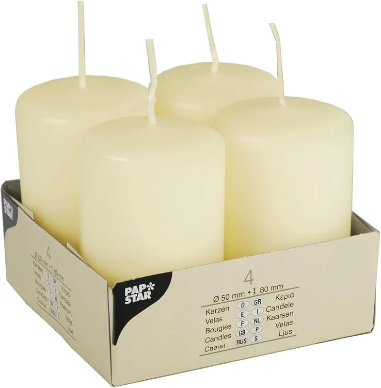 Besuche den PAPSTAR-Store Papstar 15361 4 Stumpenkerzen Ø 50 x 80 mm, elfenbein "Ivory" — Kerzenlicht Abendessen