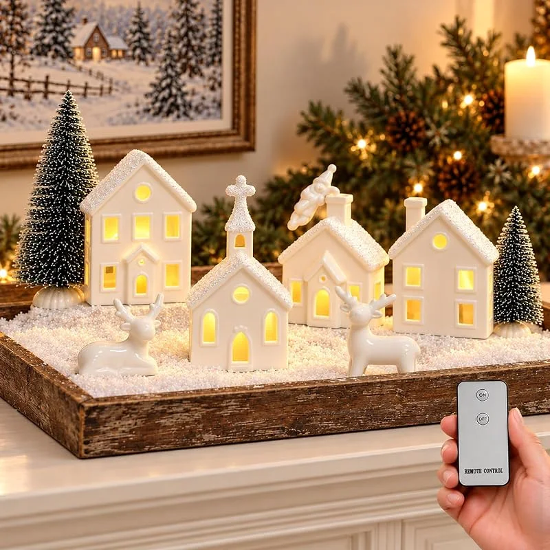 Marke: Qulable Weihnachtsdekorationen für den Innenbereich, 9-teiliges Weihnachtsdorf-Set mit 4 Fernbedienungen, beleuchteten Keramikhäusern, 2 Bäumen, 2 Hirschen und Weihnachtsmann, neutralweiß