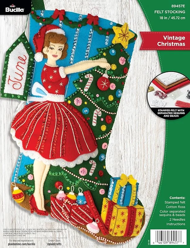 Marke: Bucilla Bucilla, Vintage-Weihnachtsstrumpf-Set, 45, 7 cm, Filz-Applikation, perfekt für DIY-Urlaub, Nadelspitze, Kunst und Handwerk, 89457E — Weihnachtsdeko