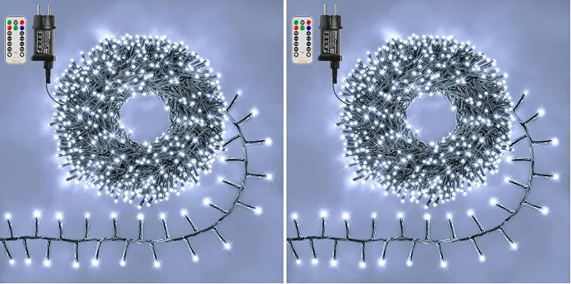 Besuche den Ollny-Store Ollny 15m Lichterkette außen 1000 LEDs, Lichterketten mit 8 Modus und Timer, Cluster Lichterkette IP44 wasserdicht mit Stecker, für Weihnachtbaum Hochzeit Party (kaltweiß) (Packung mit 2) — Weihnachtsbeleuchtung
