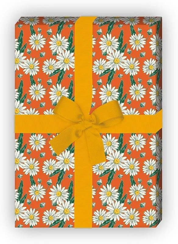 Besuche den Kartenkaufrausch-Store Vintage Blumen Geschenkpapier Set (4 Bogen) mit Margeriten Gänseblümchen, orange, für schöne Geschenkverpackung zum Einpacken 32 x 48cm, zu Ostern Weihnachten Geburtstag, universal Geschenkpapier