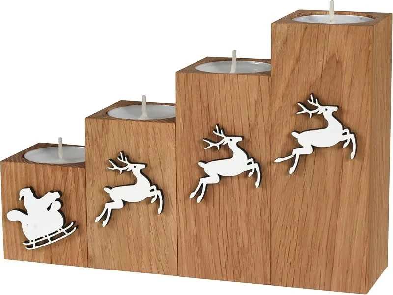 Besuche den GoodFreshDecor-Store Kerzenständer Set 4 Stück Teelichthalter Mit Kerzen Teelichter Kerzenhalter Aus Holz Holzdeko Kerzenuntersetzer Eichenholz Geölt Rustikal Boho — Advent und Tisch