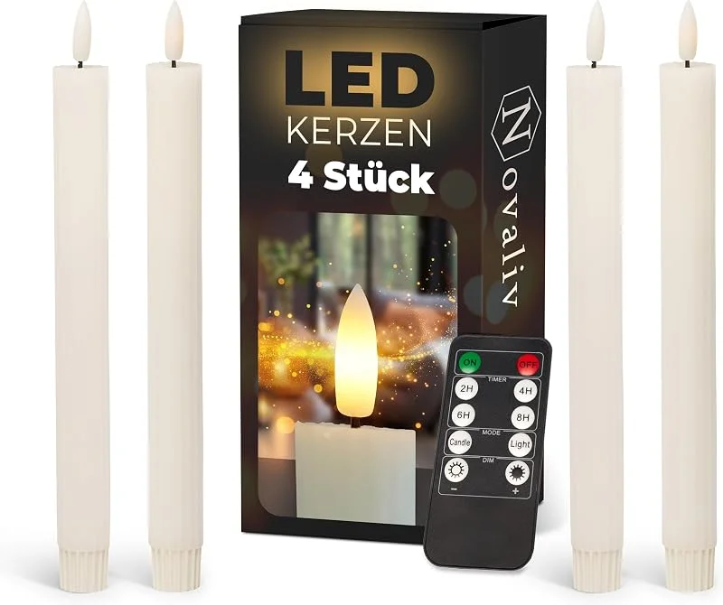 Besuche den Novaliv-Store Novaliv Stabkerzen LED mit Timer Weiss 4 Stück Weiss Indoor - 6 Stunden - ECHTWACHS gerippt 23cm Höhe für Kerzen 2, 2cm Durchmesser 2 AAA Batterien LED Stabkerzen flackernde Flamme bewegliche Flamme — Advent und Tisch
