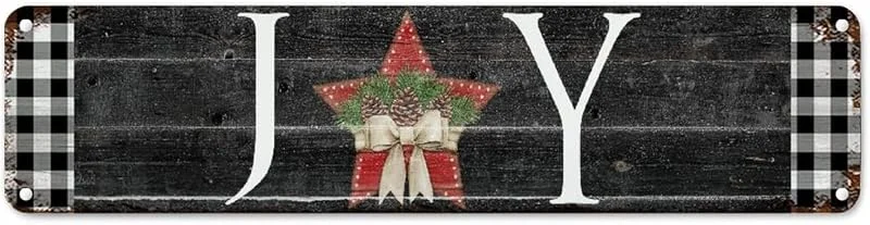 Marke: CowkissSign Vintage Weihnachtskranz Freude Wanddekoration Schild Schwarz und Weiß Büffel Karo Plaid Rustikale Vintage Veranda Schilder Winter Weihnachten Metall Wandschild Qualität Straßenschild für Wohnzimmer — Weihnachtsdeko