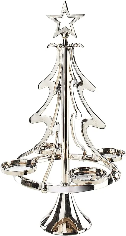 Besuche den Kobolo-Store Kobolo Kerzenhalter XMASTREE groß, 32x32x55 cm, Silber, moderner Kerzenständer aus Metall in Weihnachtsbaumform, Stumpenkerzenhalter, eleganter Adventskranz & Weihnachtsdeko für 4 Stumpenkerzen — Kerzenlicht Abendessen