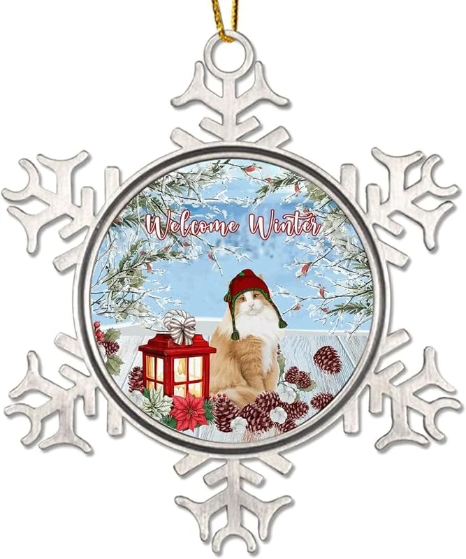 Marke: CowkissSign Weihnachtskatze Willkommen Winter Weihnachten Ornamente Winterblume Schnee Szene Weihnachtskranz Lustige Weihnachten Hängende Dekor 7, 6 cm Metall Schneeflocke Ornament Feiertage Dekoration — Weihnachtsdeko