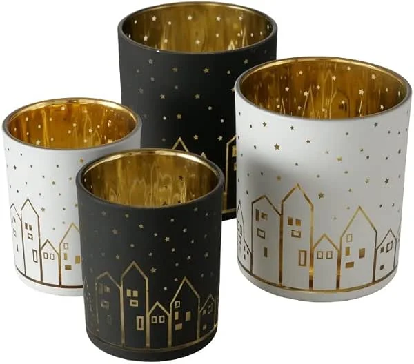 Marke: RiloStore 4 STK Windlichter Town schwarz Weiss Gold Farben Glas Kerzenhalter b905 Deko Teelichthalter Häuser Dekohäuser Geschenkset Weihnachtsdeko Gartendeko — Kerzenlicht Abendessen