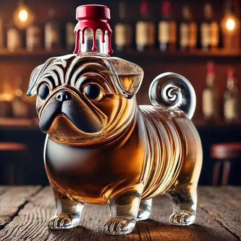 Marke: Generisch Whiskey-Flasche in Mops-Form, Hunde-Whiskey-Weinglasflasche, transparenter Weinspender, Likörzubehör, lustige Hundestatue, Weindekanter, Dekoration — Wein und Festtafel