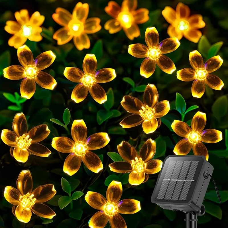 Marke: Suyoo Solar-Blumen-Lichterkette für den Außenbereich, 12 m, 100 LEDs, wasserdicht, Kirschblüten-Lichterkette, 8 Modi, Sakura-Blumenlichter für Garten, Weihnachten, Party-Dekorationen (warmweiß) — Weihnachtsbeleuchtung