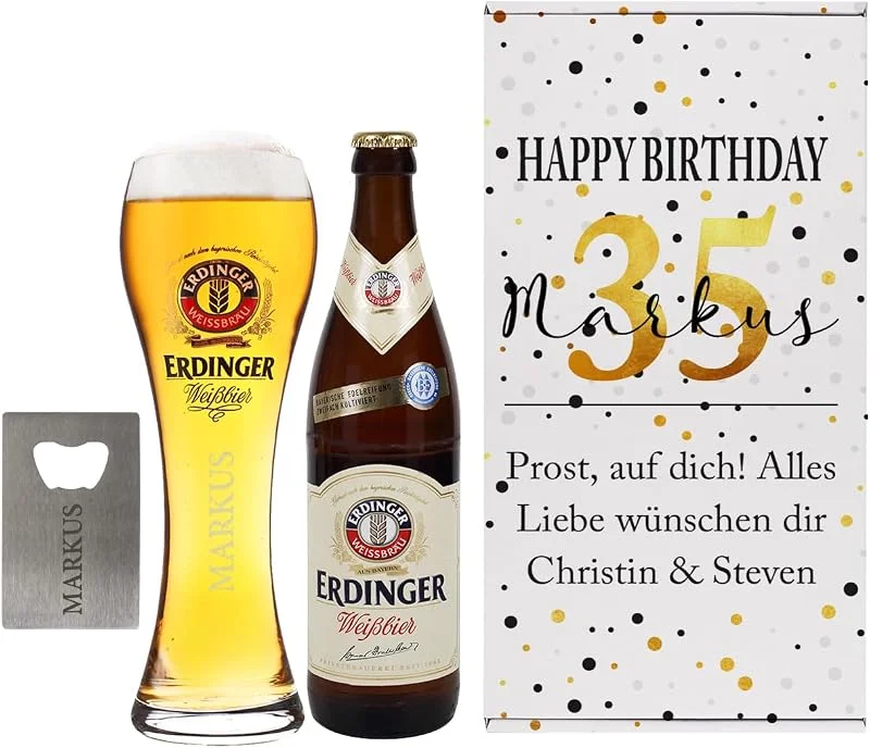 Besuche den Herz & Heim-Store Herz & Heim® Weißbier Geburtstagsgeschenk-Set mit Glas, Flaschenöffner und Geschenkbox, personalisiert — Wein und Festtafel