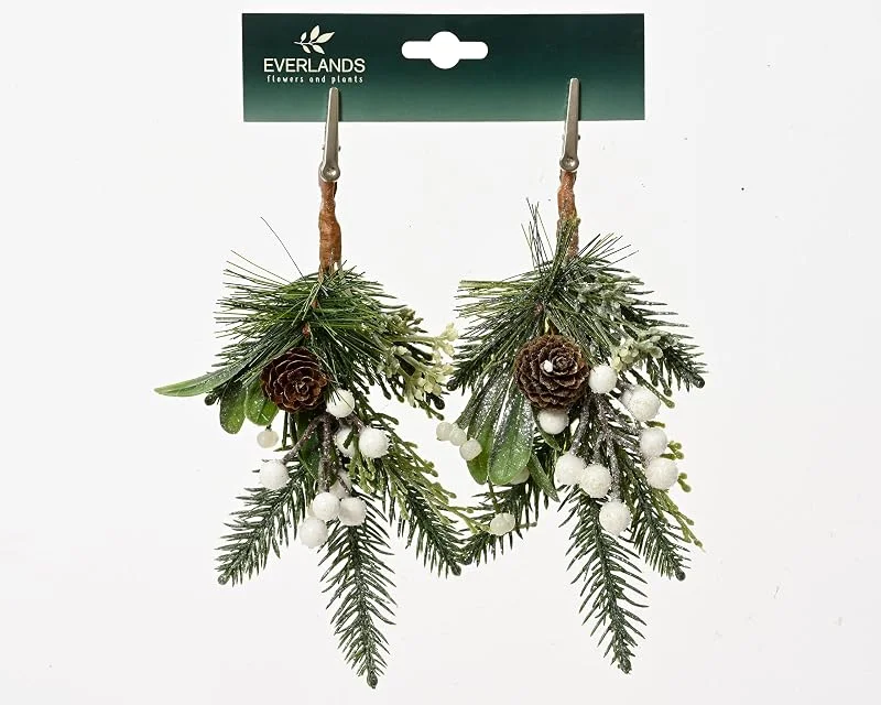 Marke: Kaemingk Künstliche Zweige mit Clip 22cm mit weißen Beeren & Zapfen 2er Set - dekorative Kunstzweige für die Weihnachts- und Winterzeit - Dekozweige Weihnachten - Weihnachtszweige Tannenzweige - Grün Weiß — Weihnachtsdeko