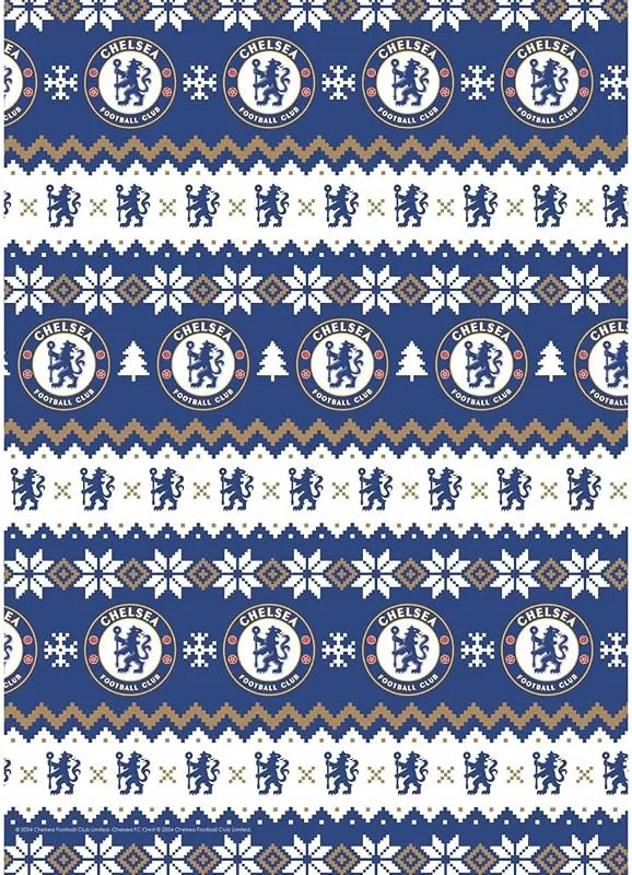 Marke: Chelsea Weihnachts-Geschenkpapier mit Motiv Chelsea FC, für Geschenke, Fußball, 2 Bögen, 2 Etiketten — Geschenkverpackung