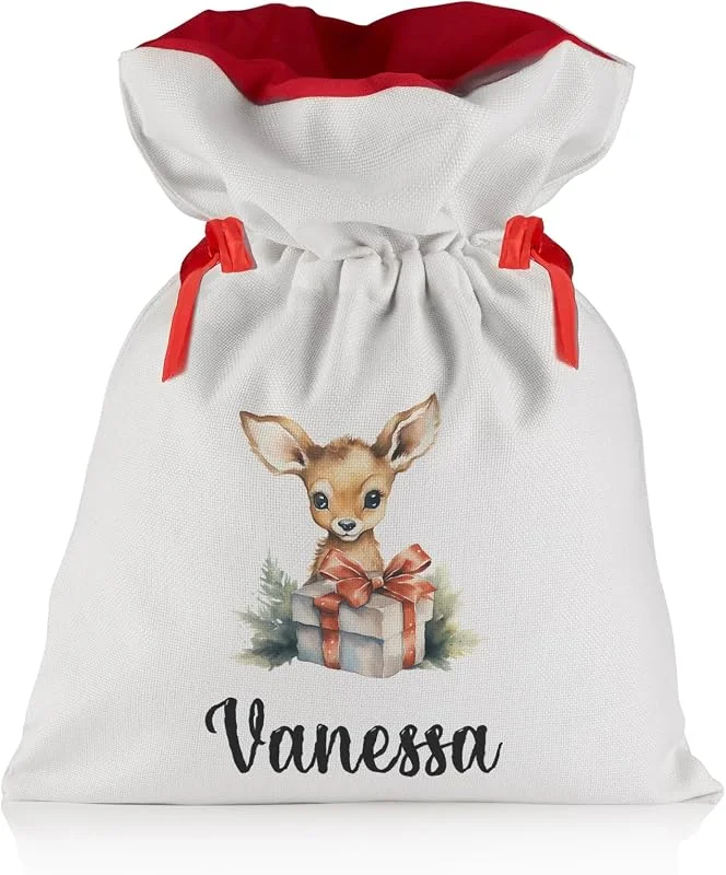 Besuche den LIEBTASTISCH-Store Liebtastisch - Weihnachtsbeutel mit Personalisiert - Weihnachtssack - Geschenk Sack - mit Ziehkordel und Wunschnamen - Extra Groß 52cm x 38cm - Weihnachtsdeko - Tiere (Reh) — Geschenkverpackung