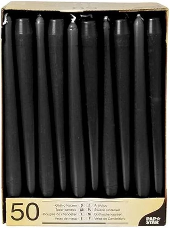 Besuche den PAPSTAR-Store Papstar Leuchterkerzen, Halterkerzen schwarz (50 Stück) Durchmesser 2.2 cm, Länge 25 cm, lange Brenndauer, rußfreies Abbrennen, für Gastronomie, Feste, Haushalt, #10392 — Kerzenlicht Abendessen