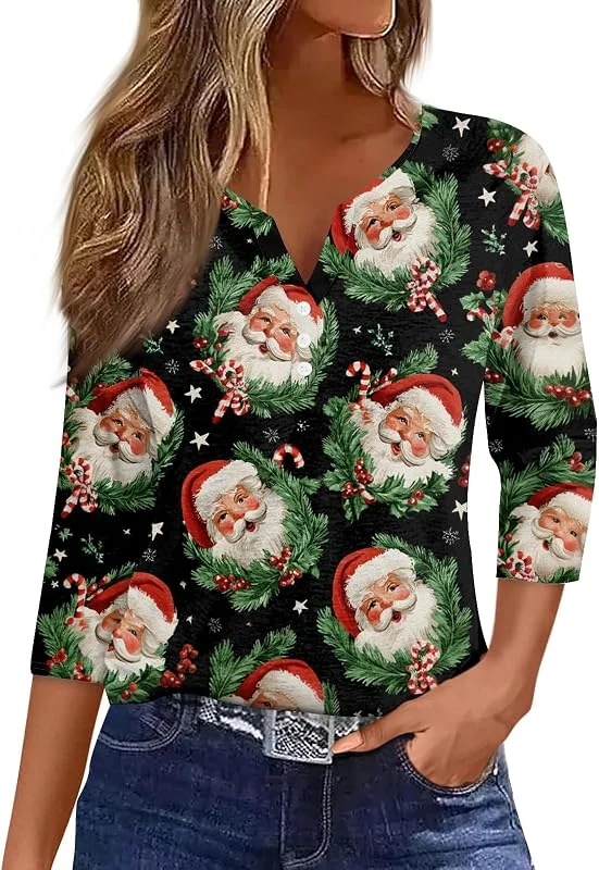 Marke: Generisch Blusentops Damen 3, 4 Ärmel Sport Mode T-Shirt Oversize Christmas V Ausschnitt T-Shirts Frauen Soft Boxy Bedrucktes — Weihnachtsmode