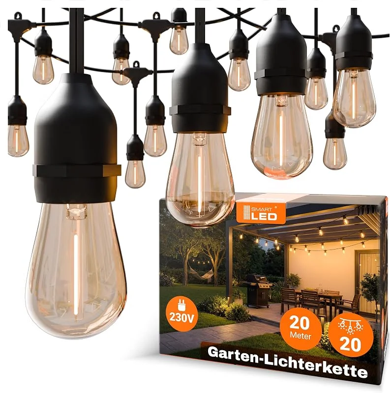 Besuche den SMART LED-Store Lichterkette Außen Outdoor LED Strom, 20M Außenbeleuchtung mit Stecker, 20 Glühbirnen, IP65 Wasserdicht Wetterfest Lichterkette Glühbirnen für Garten Terrasse Party Weihnachten, Warmweiß, 2 Ersatzbirnen — Weihnachtsbeleuchtung