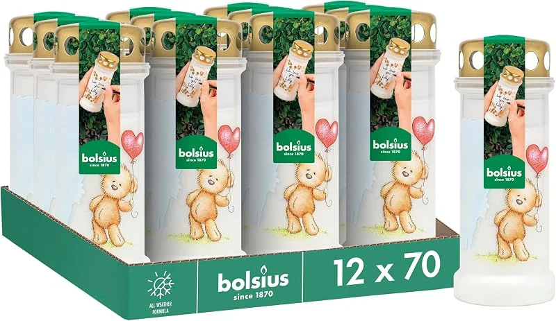 Besuche den bolsius-Store Bolsius Grablicht - Weiß mit Motiv - 12 Stk. - Teddybär - Länge Brenndauer - Trauerkerze & Gedenkstätte Kerzen - Sauberes Abbrennen - Ohne Palmöl — Kerzenlicht Abendessen