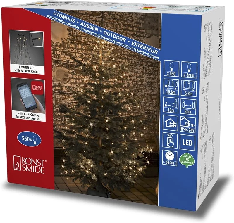 Besuche den Konstsmide-Store Konstsmide LED Baummantel mit Ring Ø 17, 8 Stränge à 70 bernsteinfarbene Dioden, Multifunktion, Timer, Dimmer, reagiert auf Musik, Appgesteuert (Android, IOS), 24V Außen, schwarzes Kabel - 6522-870 — Weihnachtsbeleuchtung