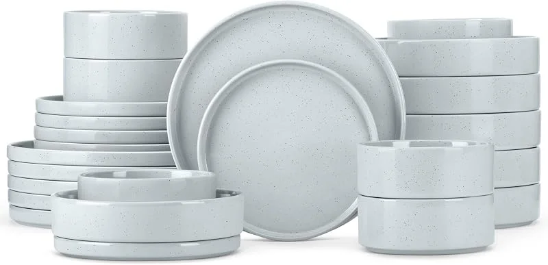 Besuche den Herogo-Store Herogo Steingut-Geschirr-Set mit Salatschüsseln, Küchen-Geschirr-Set für 6, 24-teilige Teller und Müslischalen, splitter- und kratzfestes Geschirr, gesprenkelt, hellgrau — Advent und Tisch