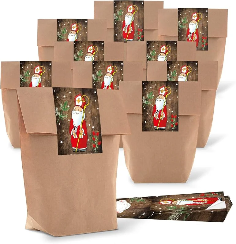 Besuche den Logbuch-Verlag-Store Verpackung Kraftpapiertüten 25 Stück mit Boden und 25 Weihnachtsaufklebern, 16, 5 x 26 x 6, 5 cm, braun, Nikolaustüten zum Befüllen — Geschenkverpackung