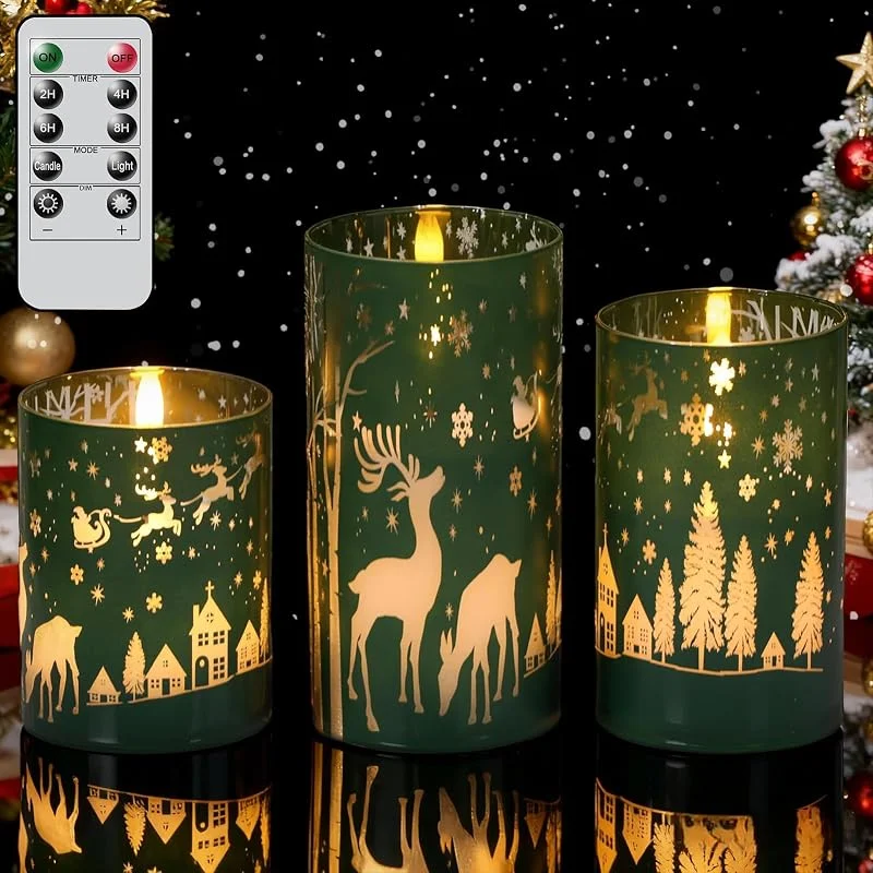 Marke: Wondise Wondise Weihnachten Rentier LED flammenlose Kerzen mit Fernbedienung Timer, galvanisiertes Glas, batteriebetrieben, Echtwachs, flackerndes 3D-Docht, Stumpenkerzen für Weihnachten, Urlaub — Weihnachtsbeleuchtung