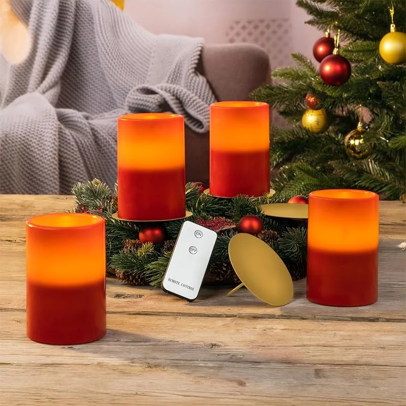 Besuche den Spetebo-Store Spetebo LED Wachskerzen rot mit Kerzentellern gold - 4er Set - Künstliche Stumpen Kerzen mit Fernbedienung — Advent und Tisch