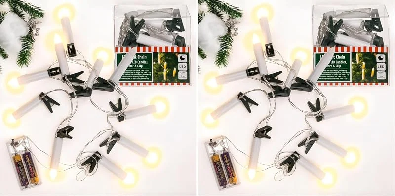 Marke: MIJOMA MIJOMA LED Lichterkette mit 10 Kerzen und Clips, 3m Länge, Batterie betrieben, 6, 18 Timer – Flexibel und Ideal für Weihnachtsdeko (Packung mit 2) — Weihnachtsbeleuchtung