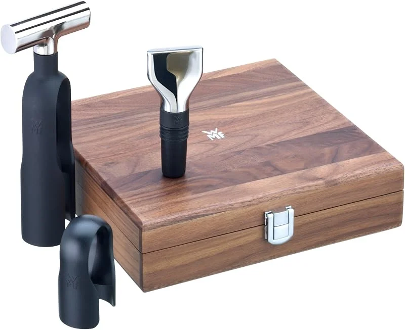 WMF Group GmbH WMF Baric Wein Sommelier Set 3-teilig, Korkenzieher Set, Wein Zubehör, Folienschneider, Flaschenverschluss, in Walnussholzbox, schwarz — Wein und Festtafel
