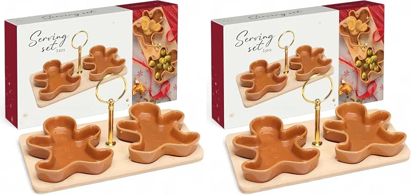 Marke: MIJOMA MIJOMA Servierset Weihnachten 3-teilig – 2 Lebkuchen-Schalen aus Keramik auf Holztablett mit goldenem Griff – Festliches Snack- & Deko-Set im Weihnachtsdesign (Packung mit 2) — Advent und Tisch