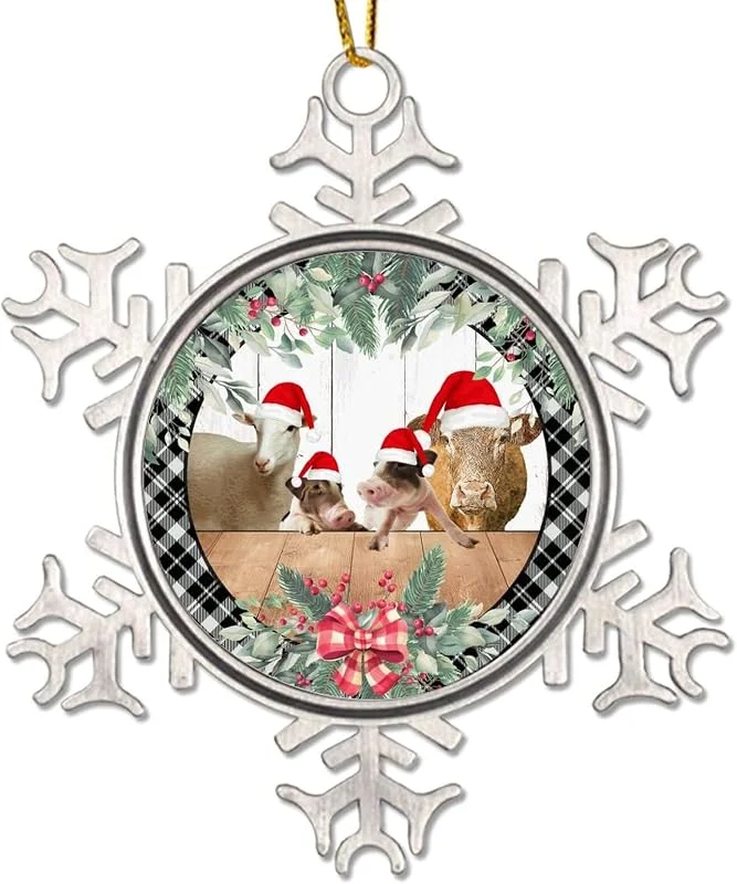 Marke: CowkissSign Weihnachten Bauernhof Tier Kuh Schwein Baum Dekoration Ornament Grau Schwarz Plaid Karo Weihnachtskranz Weihnachtsdekorationen für Baum 7, 6 cm Metall Schneeflocke Weihnachtsbaum hängende Ornament