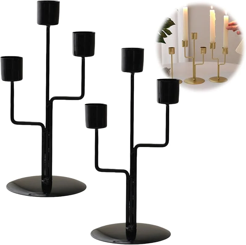 Marke: HSTWODE kerzenständer Gold schwarz, kerzenhalter Set 2er Set, kerzenständer Vintage für Hochzeit Räucherkegel Spa Gebet Home Party, Weihnachts Tisch Deko, Adventskranz (Schwarz, 3 Gabeln) — Kerzenlicht Abendessen