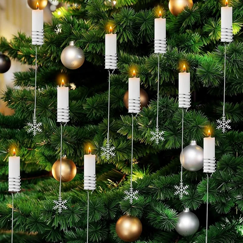 Marke: Teenyyou 20 Stück silberfarbene Weihnachtsbaum-Kerzenhalter aus Metall mit Schneeflocken-Ornamenten für Weihnachtsbaum, Balance, Kerzenständer für Weihnachten, Winter, Weihnachtsbaum, Innen- und Außenbereich — Kerzenlicht Abendessen