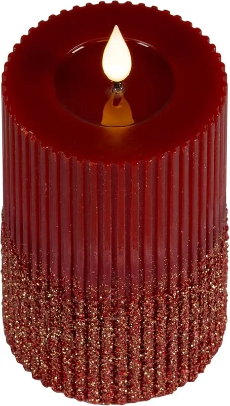 Marke: Lumineo LED Kerze 7, 5x15cm mit Timer gerillt Wachs Glitzer Ochsenblut Warmweiß — Kerzenlicht Abendessen