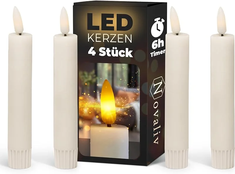 Besuche den Novaliv-Store Novaliv 4X Stabkerze LED bewegliche Flamme Wachs - Echtwachs Weiß - Indoor - 12, 5cm Höhe für 2, 2cm Durchmesser, 2 AAA Batterien notwendig - Stabkerze LED für Adventskranz — Advent und Tisch