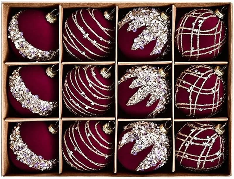 Marke: ZYWUOY Samt-Weihnachtskugeln zum Aufhängen, 6 cm, Diamant-Pailletten, dekorative Kugeln, Fenster-Hängekugeln, Weinrot, 12 Stück — Weihnachtsdeko
